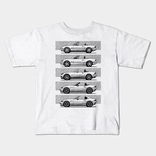 My drawings of of all generations of the Japanese roadster car Kids T-Shirt by jaagdesign